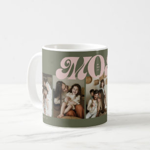 Caneca De Café Colagem de 5 Fotos Verde Rosa Retro Negrito Mamãe
