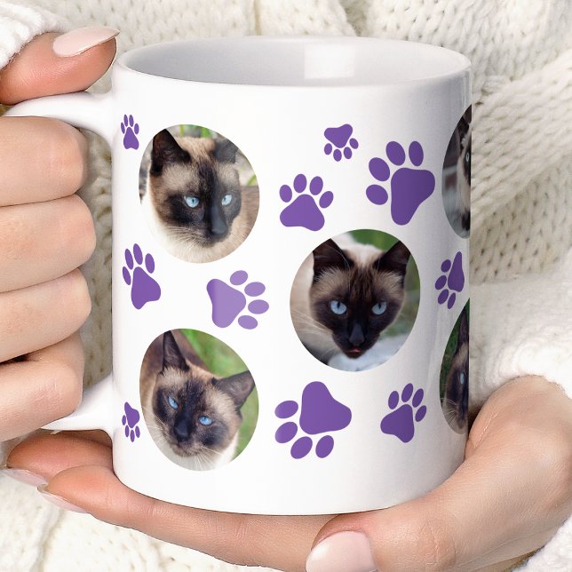 Caneca De Café Colagem de Fotografias de Cat Pawprint 8 Roxo (Criador carregado)