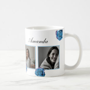 Caneca De Café Colagem de Fotografias de Rosa Azul Moderno, Mãe P