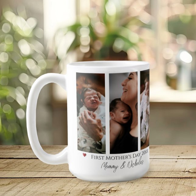Caneca De Café Colagem de Fotografias do Primeiro Dia de as mães  (White First Mother's Day Three Photo Collage Coffee Mug)