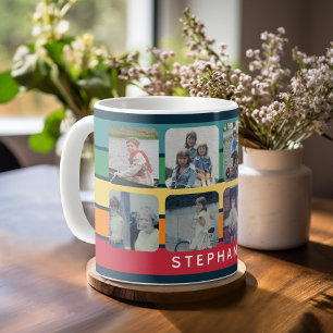 Caneca De Café Colagem de Fotos com 8 Fotos Listras Coloridas Ret