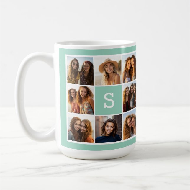 Caneca De Café Colagem de Fotos com Hortelã e Branco com Monogram (Esquerda)