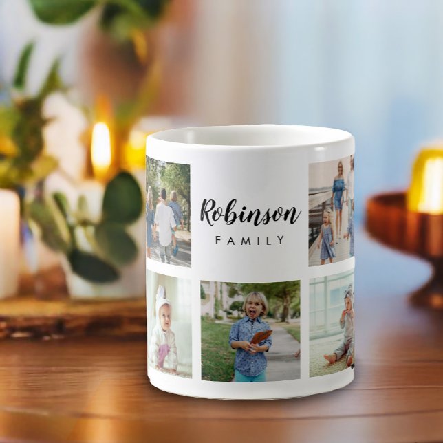 Caneca De Café Colagem de Fotos da Família Monogramada (Monogrammed keepsake 9 photo mug collage, perfect for a gift.)