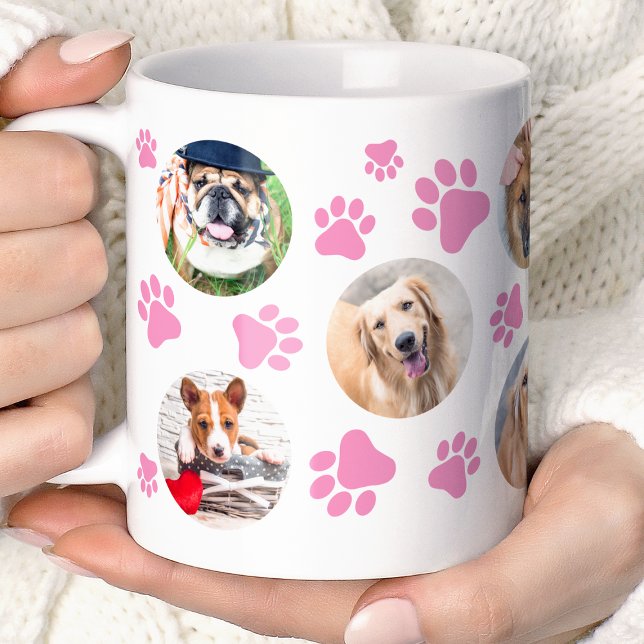 Caneca De Café Colagem de Fotos de Cão Pet Pawprint 8 Rosa (Criador carregado)