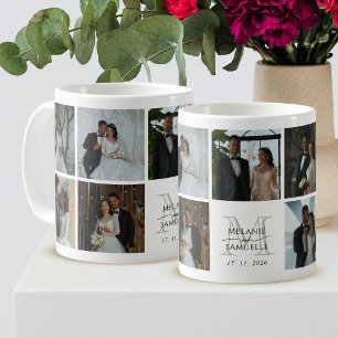 Caneca De Café Colagem de Fotos de Casamento Monograma de Noiva e