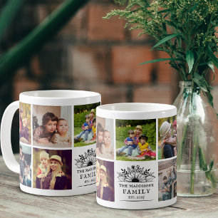 Caneca De Café Colagem de Fotos de Família Flor Rústica Preta e B