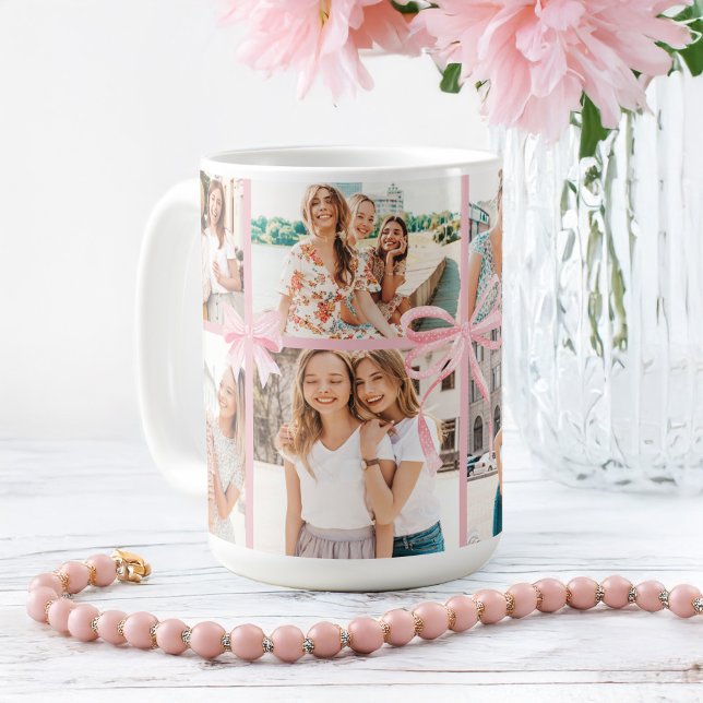 Caneca De Café Colagem de Fotos de Fita de Bolinhas Rosa Girassol (Girly Pink Polka Dot Ribbon Photo Collage Keepsake Coffee Mug)