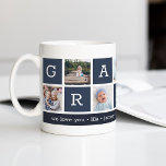 Caneca De Café Colagem de Fotos do Vovô e Nomes de Netos<br><div class="desc">Crie um doce guardião para um querido avô neste Dia dos Dias de os pais ou Avós. Este simples design apresenta sete das suas fotos favoritas de quadrado ou Instagram, organizadas em um layout de colagem com quadrados alternados em azul marinho, soletrando "Avô". Personalize com fotos favoritas de seus netos...</div>