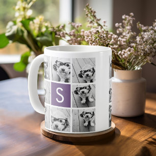 Caneca De Café Colagem de Fotos em Branco e Berinjela com Monogra