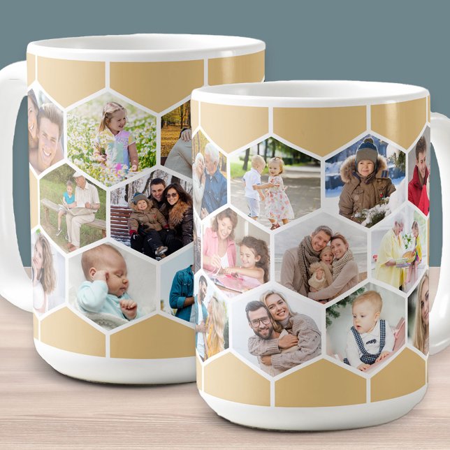 Caneca De Café Colagem de Fotos em Honeycomb 17 Imagem 15oz (Honeycomb geometric hexagon shape photo mug with 17 pictures in honey beige)