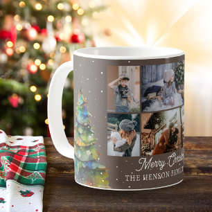 Caneca De Café Colagem de Fotos Família Árvore de Natal Aquarela 
