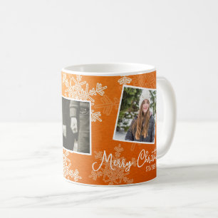 Caneca De Café Colagem de Fotos Feliz Natal Laranja Flocos de Nev
