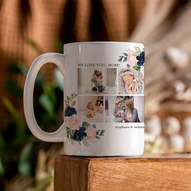 Caneca De Café Colagem de Fotos Floral por Aquarela Botânica (Presenting a custom-crafted Mother's Day mug with watercolor florals around a photo collage)