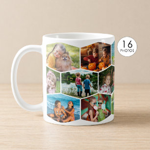 Caneca De Café Colagem de Fotos Hexágono 16 Padrão Moderno