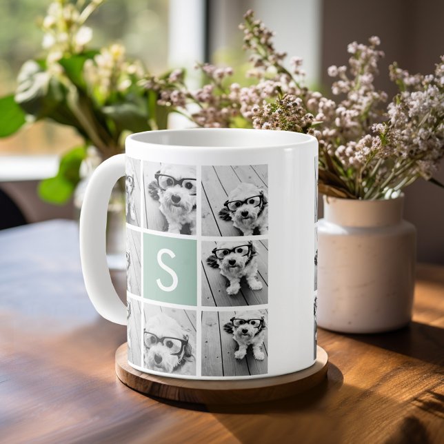 Caneca De Café Colagem de Fotos Mint e White com Monograma (Mug template with a place for photos and custom text)