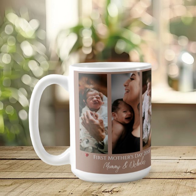 Caneca De Café Colagem de Fotos Mocha Brown, Dia de as mães 3 (Mocha Brown First Mother's Day Three Photo Collage Coffee Mug)