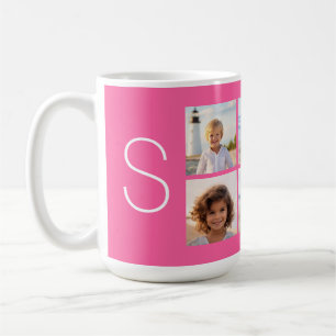 Caneca De Café Colagem de Fotos Monograma Rosa Quente Feminino In