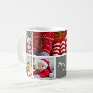 Caneca De Café Colagem de Fotos Natal 5 com Nome da Família, Prat