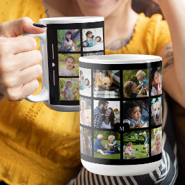 Caneca De Café Colagem de fotos personalizada monograma preto