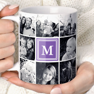 Caneca De Café Colagem de Fotos Quadrada Roxa Personalizada Monog