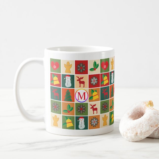 Caneca De Café Colagem de Natal com Monograma (Com Donut)
