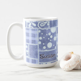 Caneca De Café Colcha Louca Azul Xadrez Floral Personalizada 