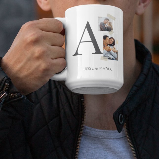 Caneca De Café Collaged Initial Stories (White base mug showcasing serif initial, two photos, and subtle washi tape detailing.)