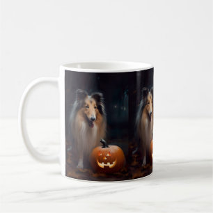 Caneca De Café Collie Bruto de Halloween com Abóboras Assustadora