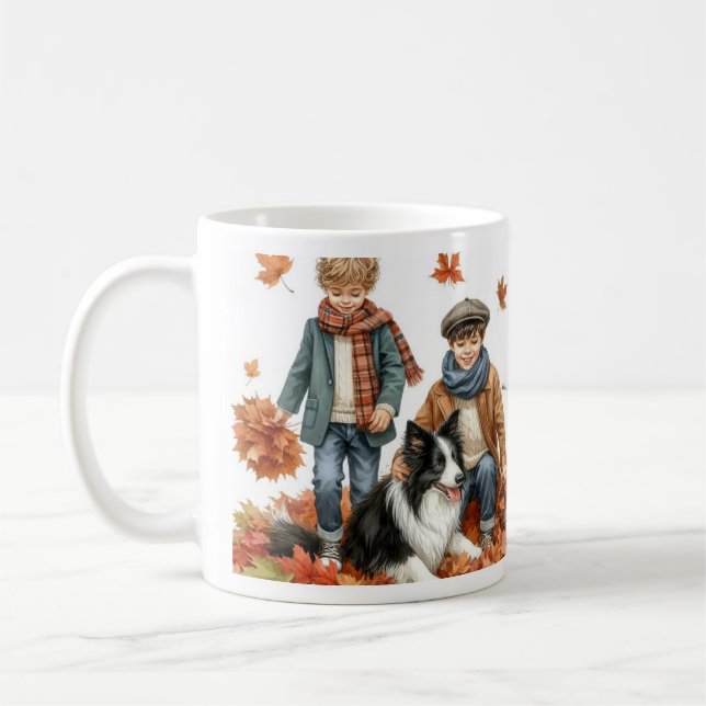 Caneca De Café Collie Fronteiriço e o outono das Crianças (Esquerda)