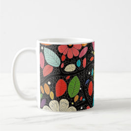 Caneca De Café 🌼 Colorful Floral Pattern on Black - Bold & Vibra