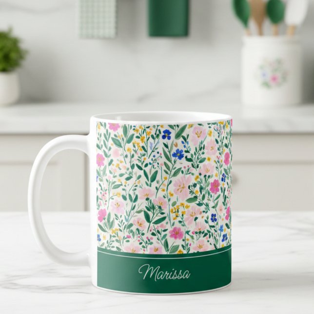 Caneca De Café Colorful Floral Personalized Mug (cute colorful floral green pink personalized mug with custom monogram name)
