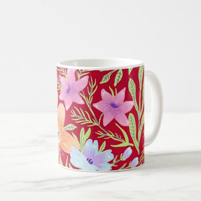 Caneca De Café Colorful springtime flower pattern, raspberry pink (Frente Esquerda)
