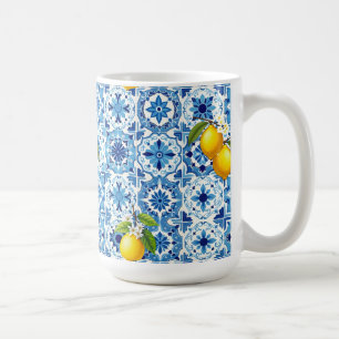 Caneca De Café Colorida,Mediterrâneo,mosaico,azul,limão