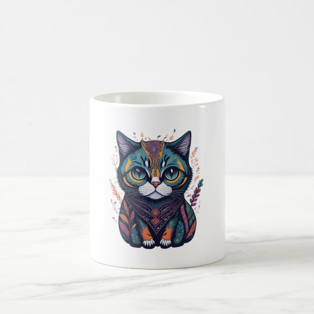 Caneca De Café Colorida Watercolor Boho Cat Sticker (Centro)