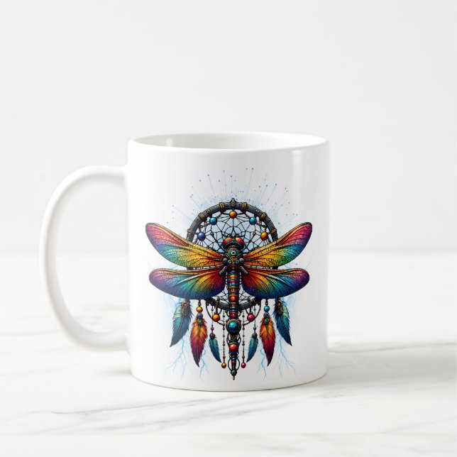 Caneca De Café Colorido Dreamcatcher de Libélula Psicodélico Boho (Esquerda)
