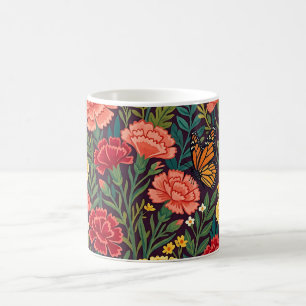 Caneca de Café com Borboleta Monarca e Cravos Abst