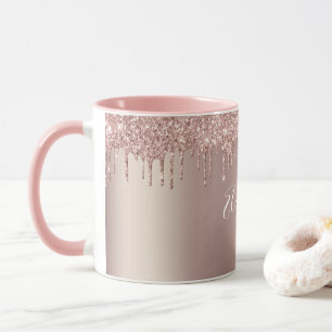 Caneca de Café com Brilho Rosado Dourado Monograma