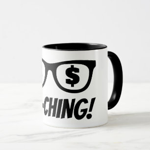 Caneca de café com cifrão Ka-ching nos olhos