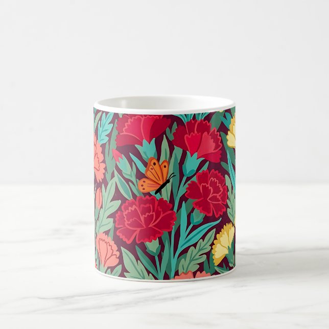 Caneca de Café com Cravos e Borboletas Abstratos (Centro)