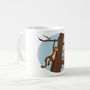 Caneca de café com desenho de macacos subindo na á