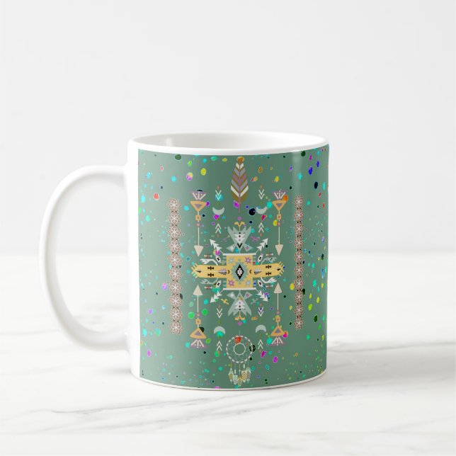 Caneca de café com design tribal amarelo e verde (Esquerda)