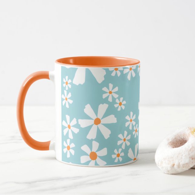 Caneca de Café com Estampa Floral Retro Daisy Azul (Com Donut)