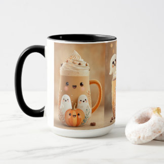 Caneca de Café com Fantasma Fofo e Abóbora