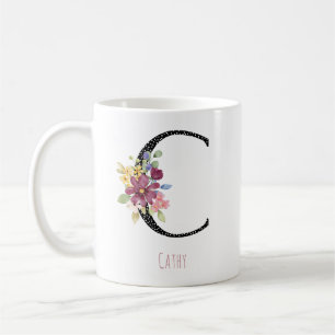 Caneca de Café com Floral e Monograma C em Pontos