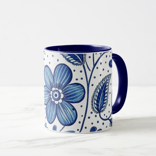 Caneca de café com flores azuis Italianas (Frente Esquerda)