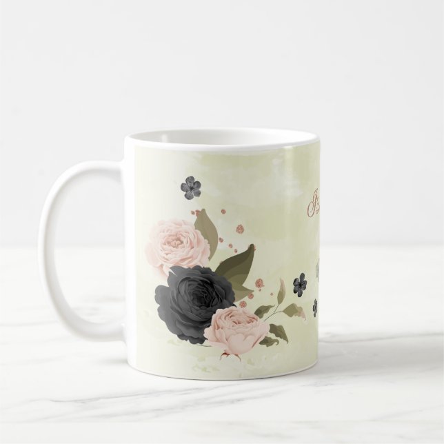 caneca de café com flores rosa e preto (Esquerda)