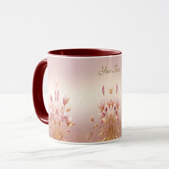 Caneca de Café com Folhas Douradas Rosadas Florais (Frente Esquerda)