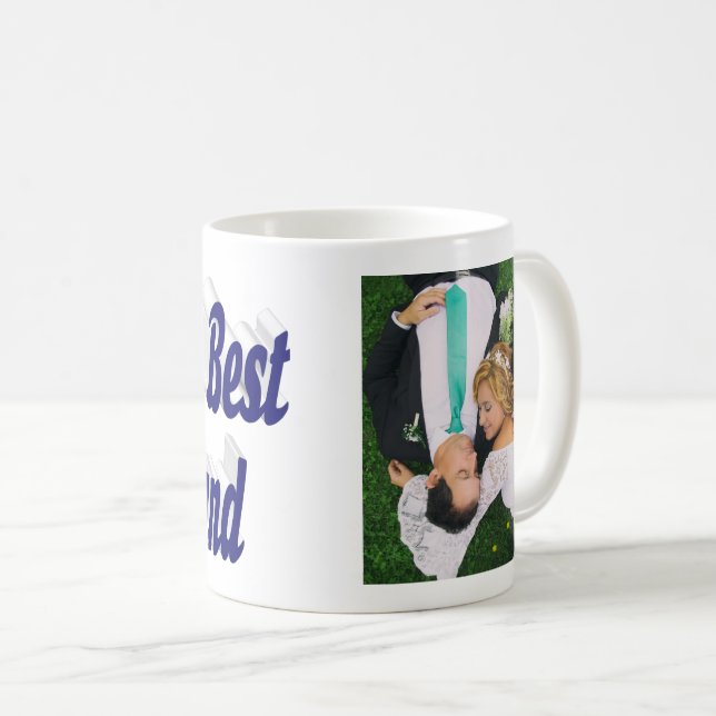 Caneca de café com foto do marido e texto em azul  (Frente Esquerda)