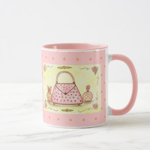 Caneca de Café com Frasco de Perfume Bolsa Rosa