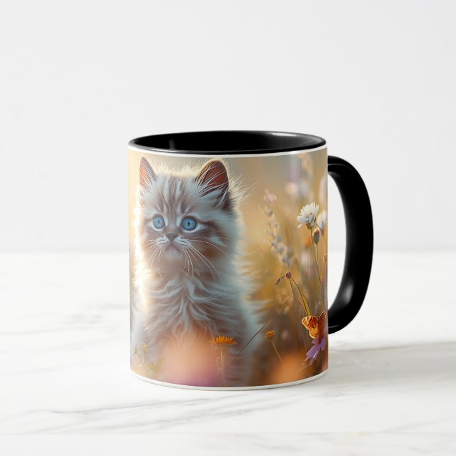 Caneca de Café com Gatinho Fofinho e Flores Silves (Frente Esquerda)